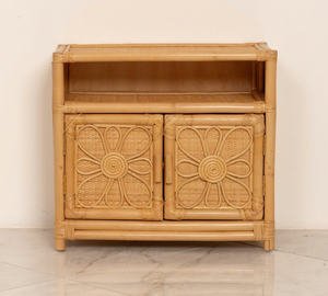 Handcrafted Rattan Storage Cabinet with Floral Pattern Doors, Natural Wicker <b>Sideboard</b> for Living Room or Nursery - Product Image 1