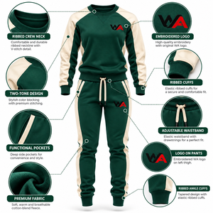 Ensemble de survêtement personnalisé pour femme, couleur contrastée vert forêt et crème, sweat-shirt à col rond et pantalon de jogging fuselé avec bandes latérales - Product Image 5