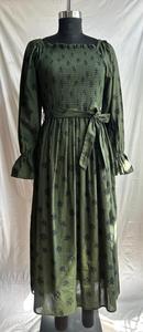 Robe d'été mi-longue pour femme en coton cambre imprimé floral, col carré, manches longues avec poignets élastiques, pour soirée décontractée et usage quotidien - Product Image 2