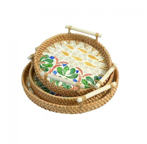 Round Mother Of Pearl Rattan <b>Storage</b> <b>Tray</b> with Fish and leafy Pattern for living room wedding decor etc - Product Image 1