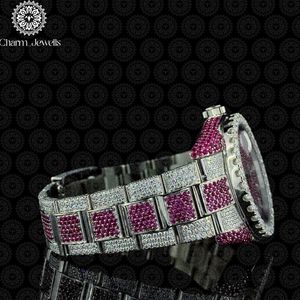 Montre de luxe pour femme Charm_Jewells en acier inoxydable, cadran rond, cristal saphir, lunette sertie de diamants, mouvement à quartz analogique - Product Image 3