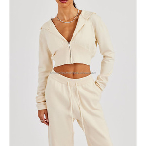 Ensemble deux pièces pour femme : Cardigan zippé à capuche en maille vintage et pantalon large, avec veste zippée intégrale en maille douce et taille haute - Product Image 3