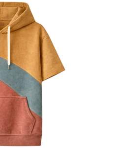 เสื้อฮู้ดแขนสั้นผู้ชาย สีมัสตาร์ด เทอล และสีน้ำตาลสนิม แบบคัลเลอร์บล็อก ผ้าฝ้ายฟลีซ สไตล์ลำลอง สตรีทแวร์ มีกระเป๋าจิงโจ้ - Product Image 3