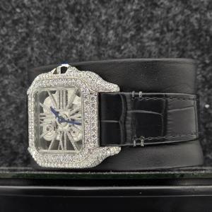 Luxury Mechanical Moissanite Round Cut Diamond Half Iced Out Square Case <b>Black</b> Leather Belt Classic Date Roman Features <b>Watch</b> - Product Image 3