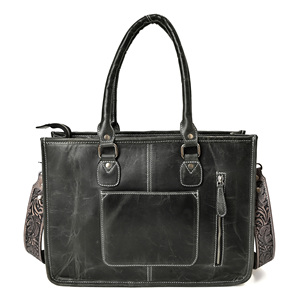 Western Cowhide Leather Tote Bag With Floral Tooled Design 16 Inch Adjustable <b>Shoulder</b> <b>Strap</b> For Women - Product Image 3