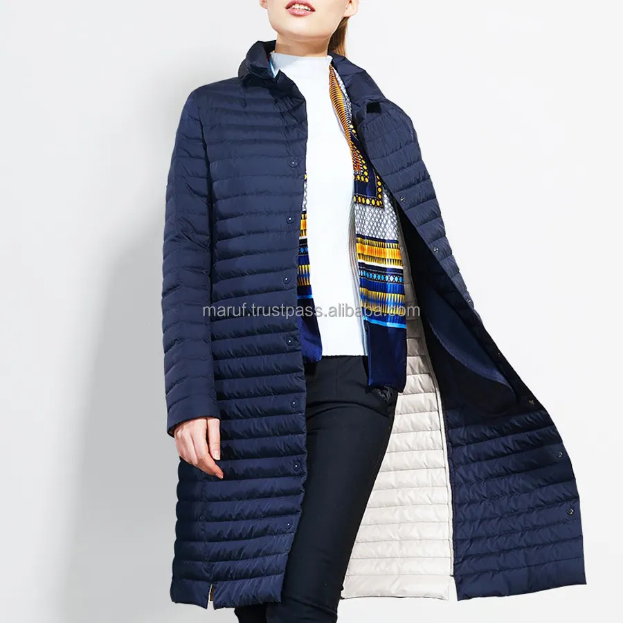 नवीनतम शैली गद्देदार फैशन सर्दियों आकस्मिक महिलाओं के लिए गहरे नीले रंग का लंबा कोट MJQJW10 रजाई बना हुआ जैकेट