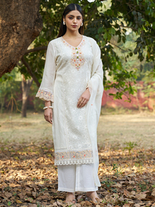 Hot Sale <b>Women</b> Ethnic Motifs Chikankari Embroidered Pure Cotton <b>Kurta</b> Palazzo Dupatta Set for Family Available At Export Price - Product Image 1