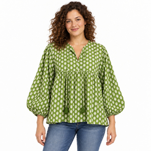 Blusa Informal India Tejida a Mano con Estampado de Bloques, de Algodón Puro, Diseño Floral Bohemio, Ecológica, de Secado Rápido, con Mangas Abullonadas - Product Image 1