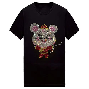 T-shirt vintage unisexe à manches courtes et col rond avec motif souris en strass, design bling, coupe classique, toutes saisons, en tissu éponge - Product Image 1