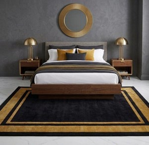 Tapis géométrique moderne rectangulaire noir avec bordure dorée, tapis en laine tuftée fabriqué à la machine, pour salon, avec dos antidérapant en caoutchouc - Product Image 2