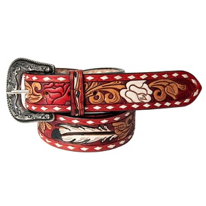 เข็มขัดแกะสลักมือลายดอกไม้เข็มขัดเครื่องมือหนังวัวสไตล์คาวบอยตะวันตก - Product Image 1