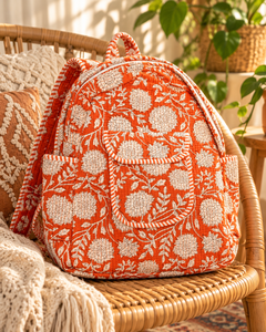 Gorgeous Orange Floral Quilted Backpack Handmade Cotton <b>Bag</b> Boho Indian Style Travel Backpack Lightweight Everyday Carry - Product Image 3