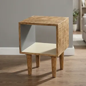 Rustic Wooden Bedside Cube Table with Open <b>Shelf</b> and <b>Tall</b> Tapered Legs for Bedroom - Product Image 5