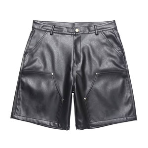 Pantalones Cortos Bermuda de Cuero Sintético PU para Hombre, Cintura Alta, con Bolsillos, Cierre de Botones, Estilo Motociclista, Color Sólido, Tejido de Tela - Product Image 1