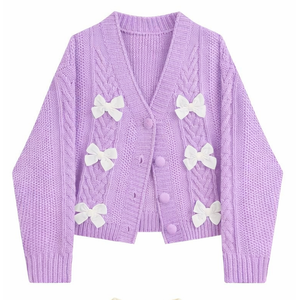 Suéter Informal Personalizado, Ecológico, de Lana, para Invierno, Holgado, con Cuello en V, Manga Larga, Lindos Lazos Decorativos en 3D, Cárdigan de Punto con Botones - Product Image 3