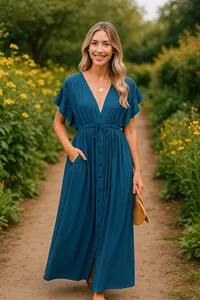 Blue <b>boho</b> maxi <b>dress</b> for women deep V neckline flutter sleeve button down front flowy long <b>summer</b> outfit <b>dress</b> - Product Image 4
