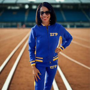 Chaqueta Deportiva SGRho Azul Real con Detalles Dorados, Chaqueta de Entrenamiento con Cierre Completo, Ligera, para Deportes Universitarios y Sororidades - Product Image 4