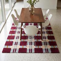 Tapis moderne classique bordeaux à motif floral en laine, noué à la main, à poils plats, épaisseur moyenne, durable, motif quadrillé, pour salon