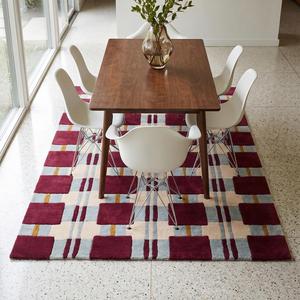 Alfombra Moderna de Lana con Diseño Geométrico a Cuadros Color Borgoña, Alfombra Tejida a Mano con Patrón de Cuadrícula para Sala de Estar, Dormitorio, Decoración del Hogar - Product Image 6