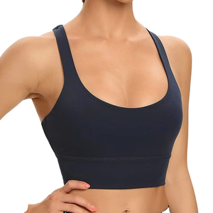 Women's Navy <b>Blue</b> Seamless Sports <b>Bra</b> Scoop Neck Racerback Medium Support Yoga Workout Top Solid Color Simple Style - Product Image 2