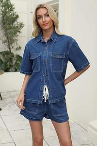 Conjunto de dos piezas de mezclilla de alto rendimiento para mujer: Top y shorts de mezclilla de moda casual, efecto adelgazante, ¡gran oferta! - Product Image 5