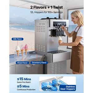 Macchina Professionale per Gelato Soft Serve a 3 Gusti, 2200W, Produzione 20-28L/H, 2 Contenitori da 6L, Ideale per Latte - Product Image 5