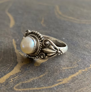 Handcrafted 925 Sterling <b>Silver</b> <b>Ring</b> Featuring Round White Pearl Bold Statement <b>Boho</b> Chic Jewelry - Product Image 4