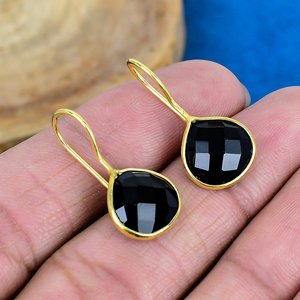 Natural Black Onyx Heart Shape Gemstone Dangle Hook Earring 18k Gold Micron Over 925 <b>Sterling</b> <b>Silver</b> - Product Image 1
