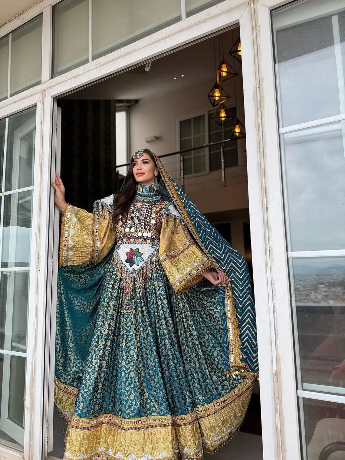 teal and gold formal dresses Luxury Afghan Dress O-Neck Full Sleeve Knee-Length Hand Embroidery Lace Button Solid Pattern Outfit quinceanera damas dresses
