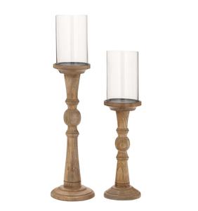 Ensemble de grands bougeoirs en verre et bois naturel, style rustique et campagnard, pour décoration de sol - Product Image 1