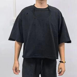 T-shirt en coton noir surdimensionné pour homme, manches courtes, col rond, décontracté, uni, jersey tricoté, coupe ajustée - Product Image 1