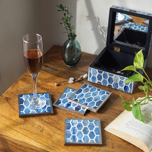 Sous-verre en os incrusté pour boissons chaudes/froides, forme hexagonale, plusieurs couleurs disponibles, motif géométrique, antidérapant - Product Image 5