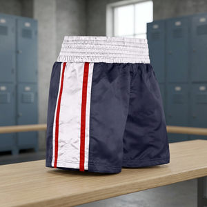 Shorts de boxe unisexe bleu marine, blanc, rayures rouges, taille élastique, respirant, anti-rétrécissement, ajusté, 100 % polyester, arts martiaux - Product Image 3