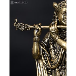Hecho a mano 6 \ "Latón Lord Krishna Estatua Superfino Fluting Stand en Jade Base Escultura - Product Image 4