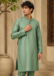 CHOHAN TEXTILE <b>Men's</b> Green Silk Cotton Kurta <b>Pajama</b> <b>Set</b> Regular Fit Knee-Length Traditional Ethnic Wear Sun Protection Party - Product Image 4