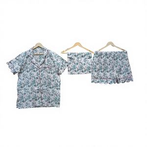 Ropa de noche corta con estilo Vintage de tendencia para otoño verano primavera-Conjunto de pijama Kangura de algodón puro bloque de mano impreso - Product Image 1