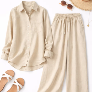 Conjunto de Camisa de Lino y Algodón con Encaje para Mujer, Estilo Casual de Verano, Blusa de Manga Larga, Pantalón Recto de Pierna Ancha con Bolsillos, Ecológico - Product Image 1