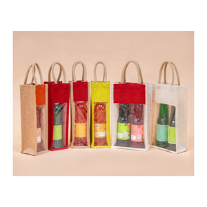 Bolsa de vino de yute duradera para embalaje de una sola botella con ventana transparente y asa para uso de regalo ecológico - Product Image 1