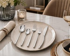 Juego de cubiertos de acero inoxidable de 5 piezas con mango martillado, incluye tenedor de cena, tenedor para ensalada, cuchara de cena y cucharilla. - Product Image 4