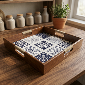 Plateau de service en bois émaillé floral noir et blanc exquis poignées décoratives en bois durable pour un décor à la maison élégant - Product Image 1