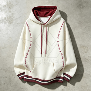 Sweat-shirt à capuche unisexe en coton 100% avec détails de surpiqûres rouges, coupe ample, manches longues, cordon de serrage, style décontracté pour l'automne - Product Image 3