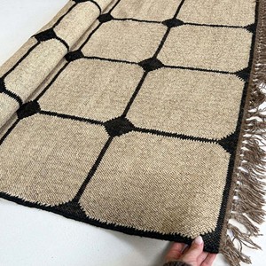 Handmade Checkered Wool Jute Area Rug Natural Woven Geometric Dhurrie Kilim Farmhouse Boho Floor Rug Living Room Bedroom Decor - Product Image 1