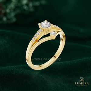 Designer Gold Engagement <b>Ring</b> With Round Brilliant Center Lab Grown Diamond, Pave Shoulders And Unique Angular <b>Split</b> Shank <b>Ring</b> - Product Image 2