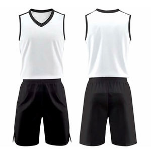 Ensemble de maillot de basket sans manches blanc à col en V pour homme avec short noir, séchage rapide, en polyester tricoté, uniforme sportif d'été - Product Image 1