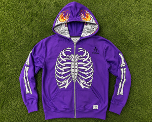 Sweat-shirt à capuche zippé pour homme, coupe classique, en polyester tricoté, motif crâne gothique violet, avec design flamme et imprimé squelette sur le devant - Product Image 6