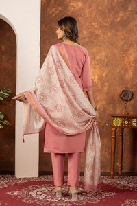 Women's Pink Hand Embroidered Marina Silk Quick Dry <b>Kurta</b> Set Dupatta Traditional <b>Indian</b> Pakistani Casual Ankle-Length Regular - Product Image 3