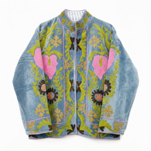 Blouson bomber brodé fait main pour femme, col montant, manches longues, doublure en coton, broderie artisanale - Product Image 1