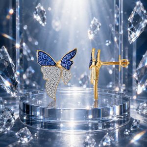 Boucles d'oreilles de luxe en saphir bleu en forme de papillon avec diamants ronds de laboratoire, plaquées rhodium, pour femme, mariage, or 10K 14K 18K - Product Image 1