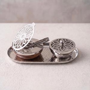 Juego de quemador de incienso árabe de acero inoxidable de primera calidad, quemador de incienso Oud de lujo, bandeja martillada, pinzas, caja de regalo de terciopelo, decoración árabe para el hogar - Product Image 1