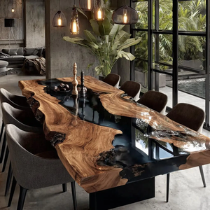 Table à manger en bois d'acacia à bord naturel et résine époxy - Table à manger rectangulaire en bois massif sur mesure pour la maison, le bureau, l'hôtel, le salon, Diwali - Product Image 3